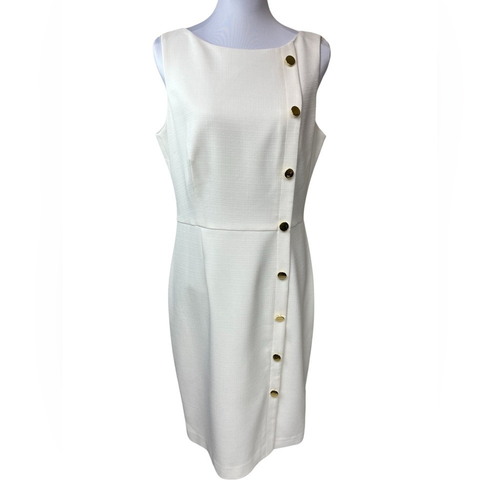 NWT Harper Rose Sheath Sleeveless Gold Front Button Detail Dress Ivory Size 14